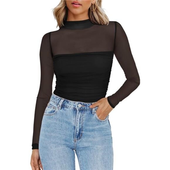 Womens Mesh Sheer Long Sleeve Top Mock Turtle Neck See Though Shirts - Picture 1 of 6